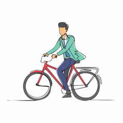 Obraz premium Single continuous line drawing young professional businessman riding bicycle to his company. Bike to work, eco friendly transportation concept. 