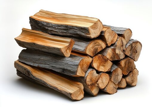 neatly stacked split firewood logs with rough bark and warm golden grain, rustic cozy warmth and texture