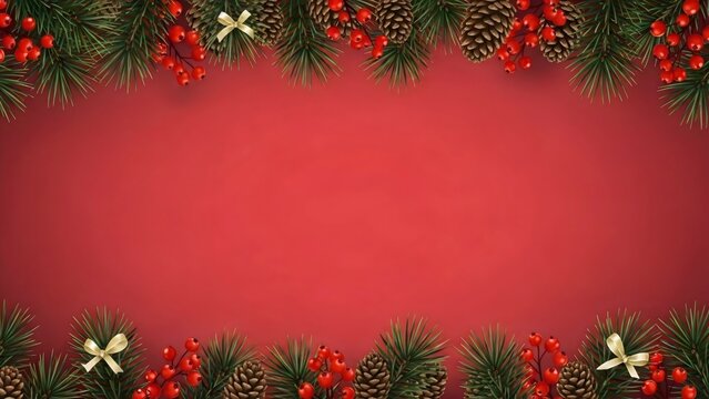 Festive Christmas Border with Pine Needles, Pinecones, and Holly Berries on a Red Background