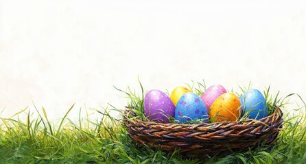 Obraz premium Colorful painted eggs nestled in a woven nest on green grass with a soft pastel background, evoking cheerful springtime joy