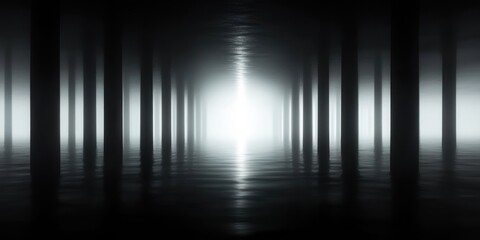 Eerie fog-filled corridor of vertical pillars rising from rippled water with mirrored reflections and a distant blinding light at the vanishing point