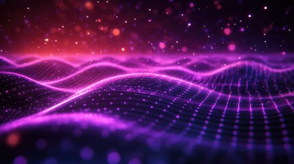 glowing purple and pink undulating digital grid with floating particles and bokeh lights, futuristic and ethereal atmosphere