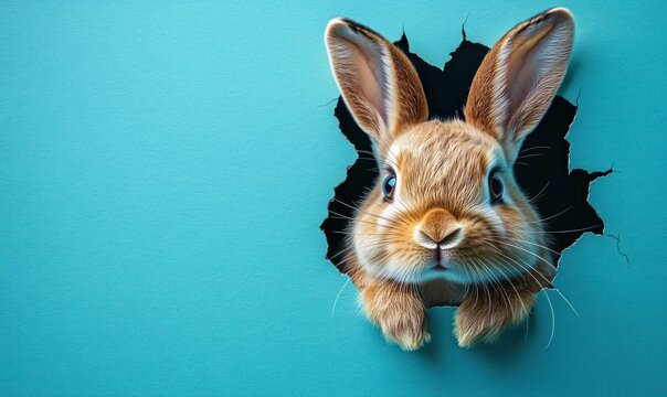 curious brown rabbit peeking through a torn turquoise wall with wide eyes and paws on jagged edges, playful and surprised expression