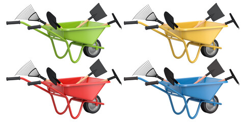 Set of colorful wheelbarrows with garden tools like shovels and rakes, isolated on white background, gardening and landscaping © Vasyl Onyskiv