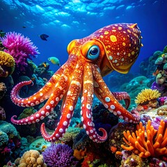 Vibrant octopus amidst colorful coral reef