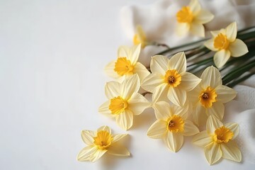 cluster of pale yellow daffodil flowers with green stems resting on soft white fabric conveying gentle spring freshness
