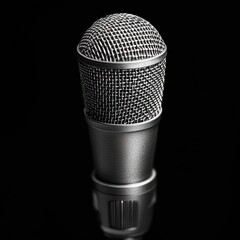 Close-up of a metallic handheld microphone with wire mesh grille against a black background, dramatic studio lighting conveying a focused and professional mood