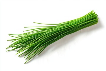 Bundle of fresh green chive stems on a white background conveying crisp, vibrant, minimalist kitchen freshness