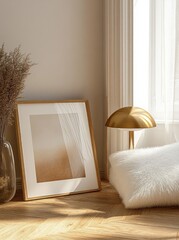 Cozy sunlit corner with leaning framed abstract print, glass vase of dried pampas, gold dome lamp and fluffy white faux fur cushion on warm herringbone wooden floor, serene mood