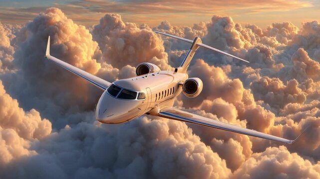 Soaring Above the Clouds: A private jet gracefully navigates a sea of fluffy, golden clouds, painted by the warm hues of the sunrise. An emblem of luxury, freedom, and the endless horizon.