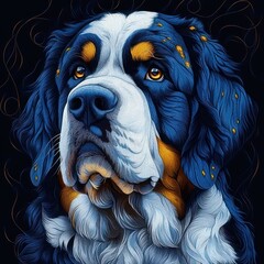 large tricolor fluffy dog portrait with soulful amber eyes and golden flecks in fur on a dark background, wistful and noble expression
