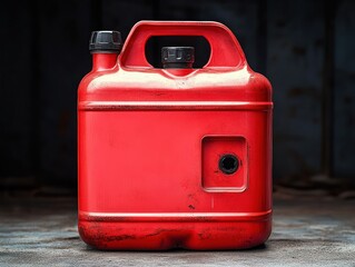 Worn red plastic fuel container with handle, two caps and missing spout, scuffed and dirty on a concrete floor in a dim industrial workshop, gritty utilitarian mood