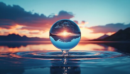glass sphere reflecting inverted sunset over a calm lake with mountain silhouettes at dusk, tranquil and contemplative mood
