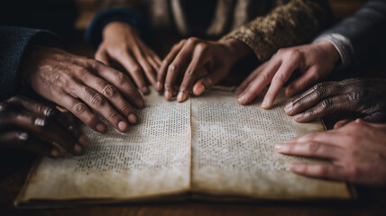 Fototapeta premium Multiple hands read Braille book by warm light. Quiet moment of shared tactile learning and inclusion.