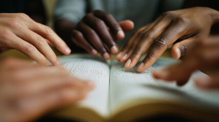 Multiple hands read Braille book by warm light. Quiet moment of shared tactile learning and inclusion.