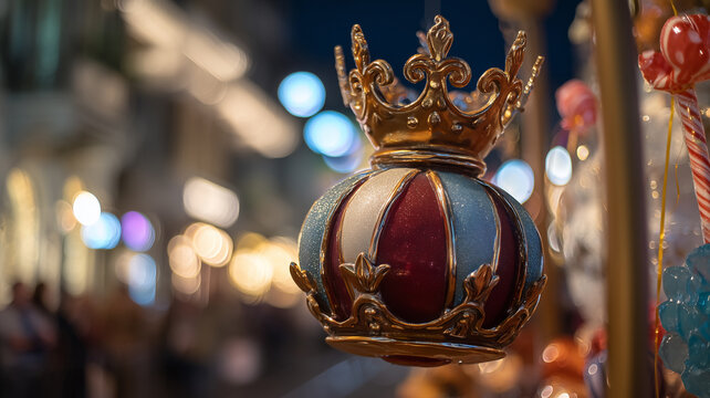 Close-up of a decorative royal crown ornament surrounded by colorful sweets during the Cavalcade of the Magi (Cabalgata de Reyes). 