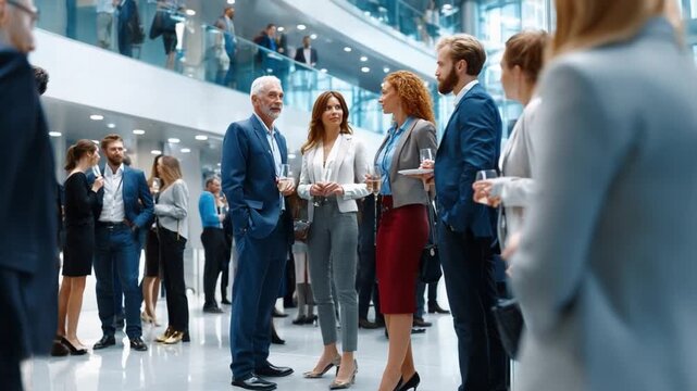 Business Conference Networking Scene: Dynamic moment captured during a networking event at a modern conference, with individuals engaged in conversations, fostering connections.