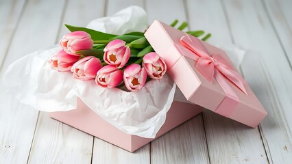 Beautiful Pink Tulips in a Gift Box with Ribbon.