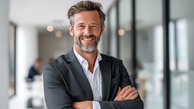 Confident executive portrait: A distinguished professional radiates assurance and poise, his composed expression and crossed arms convey an aura of authority and business acumen.