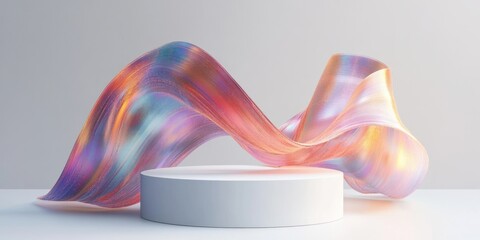 white cylindrical podium with a shimmering iridescent flowing ribbon sculpture hovering above in a minimalist studio, soft lighting and a dreamy elegant mood