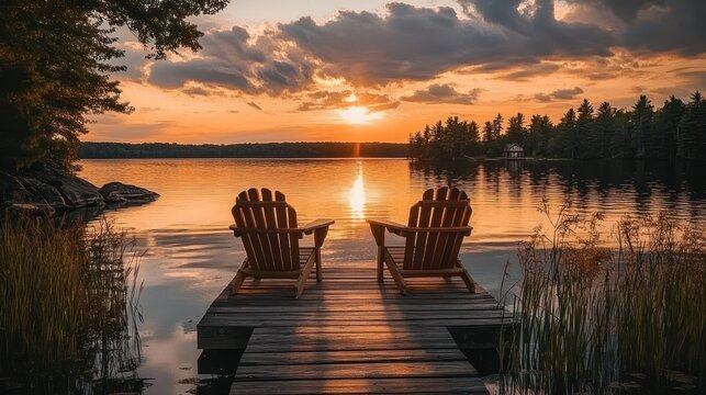 Two wooden lounge chairs on a lakeside dock at sunset with golden sky, calm reflective water, distant tree-lined shore and reeds conveying peaceful serenity