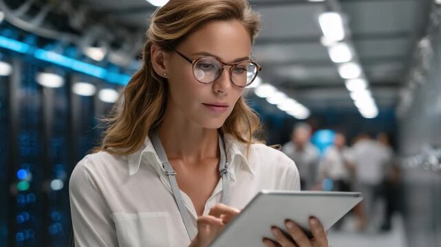 Data Engineer in Action: A focused data engineer, clad in professional attire, diligently examines data on a tablet. Set against the backdrop of a modern data center.