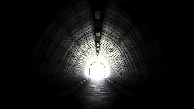 capitulating. Architectural tunnel with converging lines and fading natural light, perspective receding into darkness. real-estate listings.