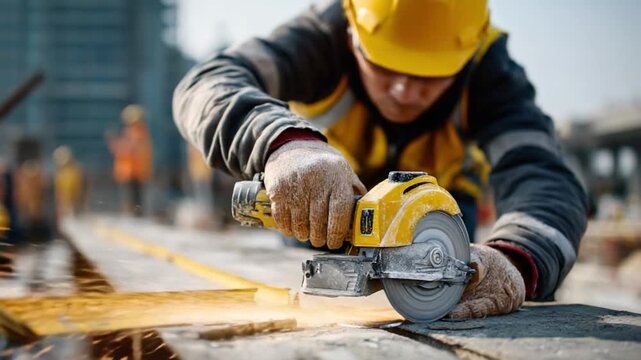 Building Site Artisan: A focused artisan, protected by safety gear, precisely wields a circular saw amidst the framework of a construction site, demonstrating precision and dedication.
