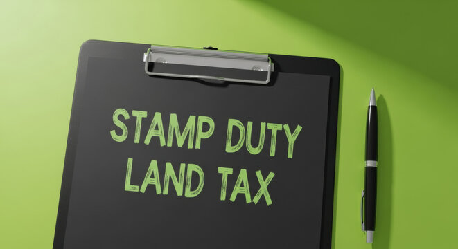 A black clipboard displays 'Stamp Duty Land Tax' in a green chalky font. A pen rests beside it on a bright green surface, suggesting a business or financial context.