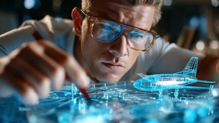 Blueprint of Aviation Dreams: A focused aviation engineer, his spectacles perched, immerses himself in a detailed analysis of an aircraft blueprint.