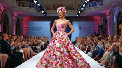 Floral Runway Royalty: A model in a vibrant, floral gown commands attention on the runway during a glamorous fashion show, exuding elegance and style.