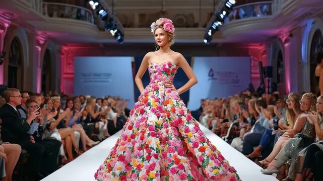 Floral Runway Royalty: A model in a vibrant, floral gown commands attention on the runway during a glamorous fashion show, exuding elegance and style.