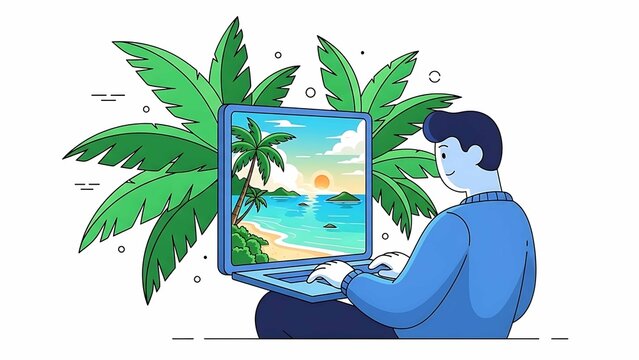 remote worker on laptop viewing tropical beach sunset illustration symbolizing digital nomad freelance lifestyle and online vacation planning