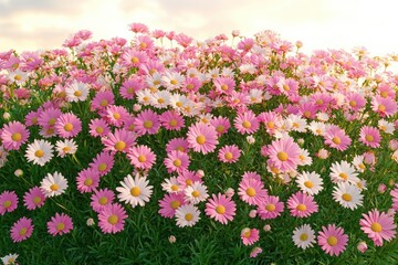 Fototapeta premium Sunlit carpet of pink and white daisies with lush green foliage under a warm sky, evoking peaceful joy and serenity