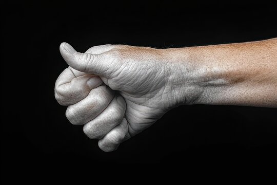 Clenched mature fist and forearm with tanned forearm and paler hand, detailed wrinkles and veins against a black background, conveying strength, determination and resilience