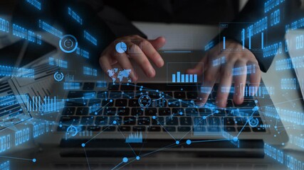 Professional engages in data analysis on a computer, surrounded by digital graphs and connection overlays. Ideal for technology and business themes. Xenic - Powered by Adobe