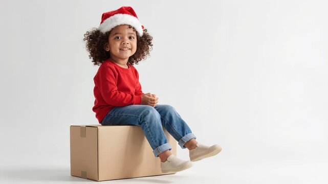 cheerful child in red Santa hat smiles at camera on cardboard box, wearing blue jeans and white sneakers, against white background., joyful, festive, childhood, holiday spirit, Christmas