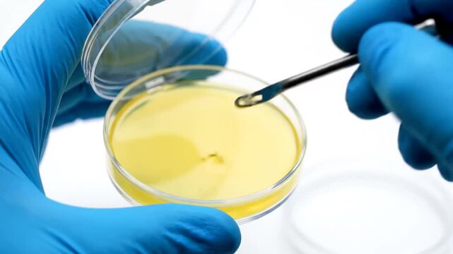Scientist hands holding petri dish performing medical diagnostics research culture experiment