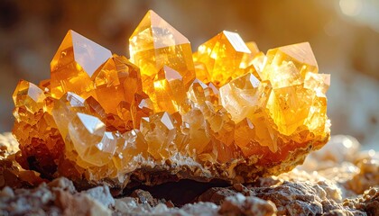 A cluster of glowing golden citrine crystals resting on a rocky ground