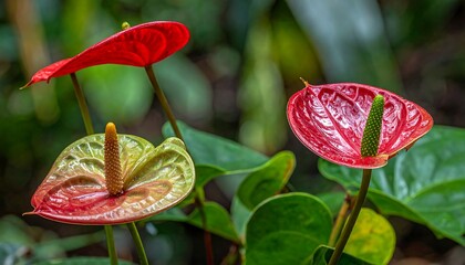 Vibrant red and green Anthurium flowers