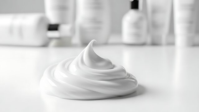 Close up of white cosmetic cream swirl on reflective surface with blurred bottles in background.