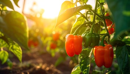Vibrant red and green peppers on plants in sunlight