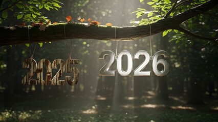 Embracing the new year 2026 as old year 2025 fades in a serene forest