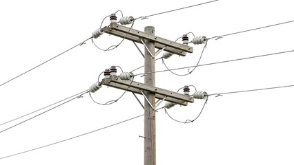 Close-up of a wooden utility pole with electrical wires against a white background.