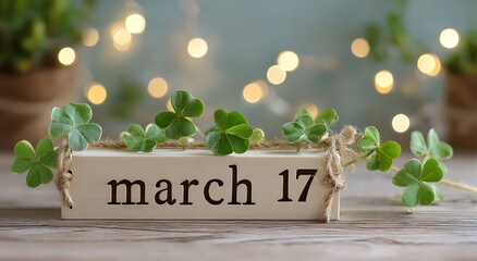 St patrick s day celebration with a four leaf clover and march 17th block