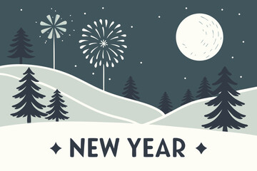 Naklejka premium Snowy Hills with Moon and Fireworks New Year Banner 