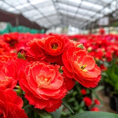 Vibrant red flowers in a greenhouse