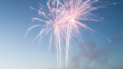 Fireworks exploding in the sky with bright pink and white sparks against a clear blue background