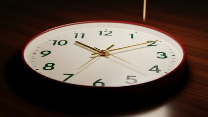 Close-up of a classic round wall clock with a white face and gold hands, showing the time.