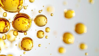 Golden Liquid Bubbles Forming a Molecular Structure Against a White Background